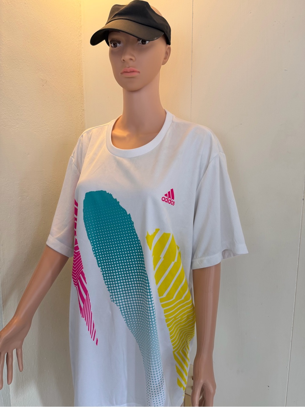 adidas White Tee with Teal, Pink & Yellow Graphic Stripes